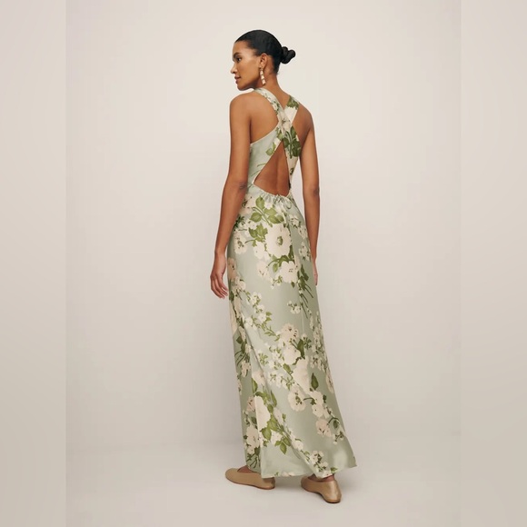 NEW NWT Reformation Anaiis Silk Maxi Dress Tarragon Floral Open Back High Neck 6 - Picture 7 of 17